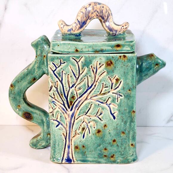 Handcrafted Studio Pottery Teapot–Signed Ceramic Engraved Tree & Building Design - Picture 2 of 9